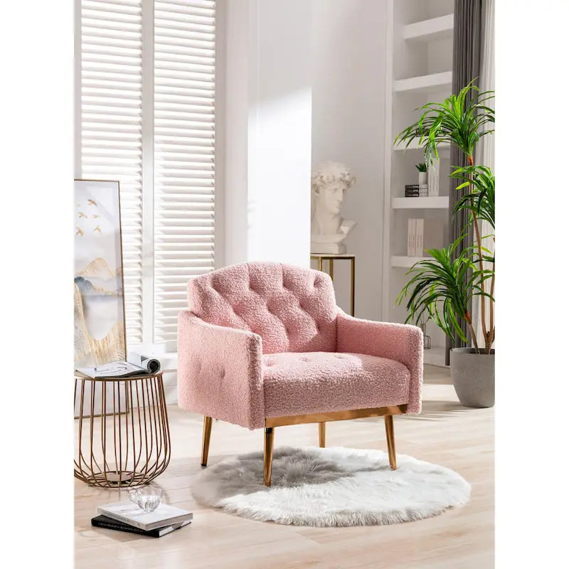 Fauteuil d'appoint capitonné en tissu Teddy avec pieds or rose