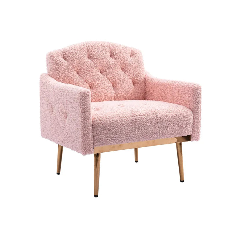 Fauteuil d'appoint capitonné en tissu Teddy avec pieds or rose