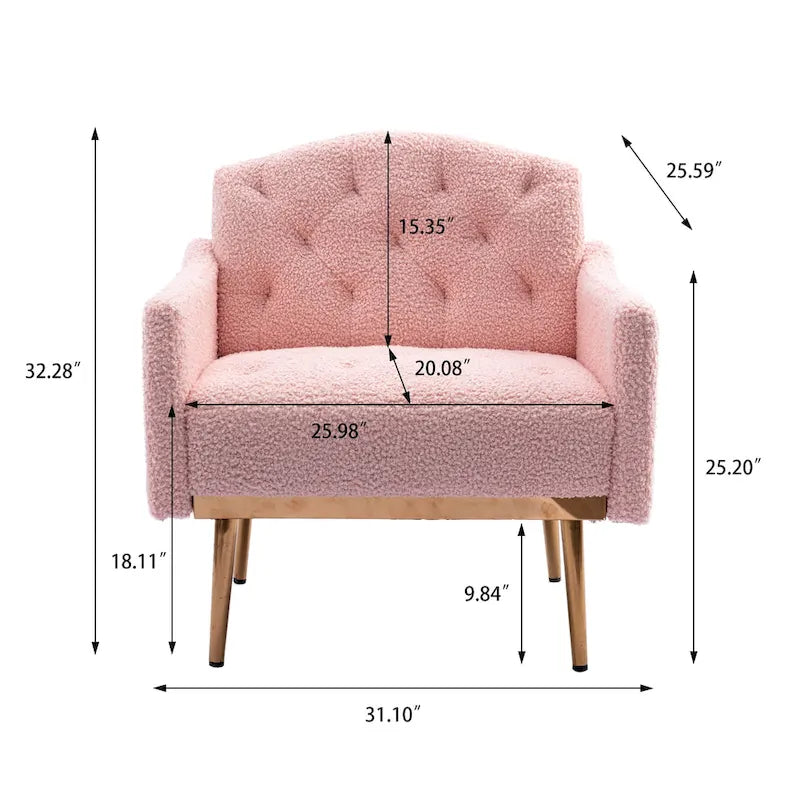 Fauteuil d'appoint capitonné en tissu Teddy avec pieds or rose