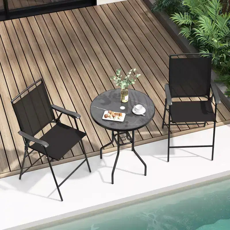 Ensemble de 3 tabourets de bar d'extérieur Costway avec plateau de table DPC, trou pour parasol et repose-pieds, 2 chaises