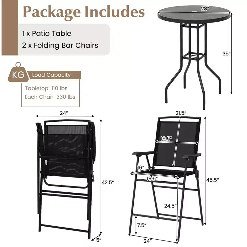 Ensemble de 3 tabourets de bar d'extérieur Costway avec plateau de table DPC, trou pour parasol et repose-pieds, 2 chaises