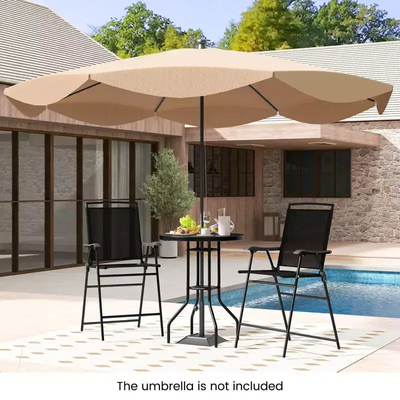 Ensemble de 3 tabourets de bar d'extérieur Costway avec plateau de table DPC, trou pour parasol et repose-pieds, 2 chaises
