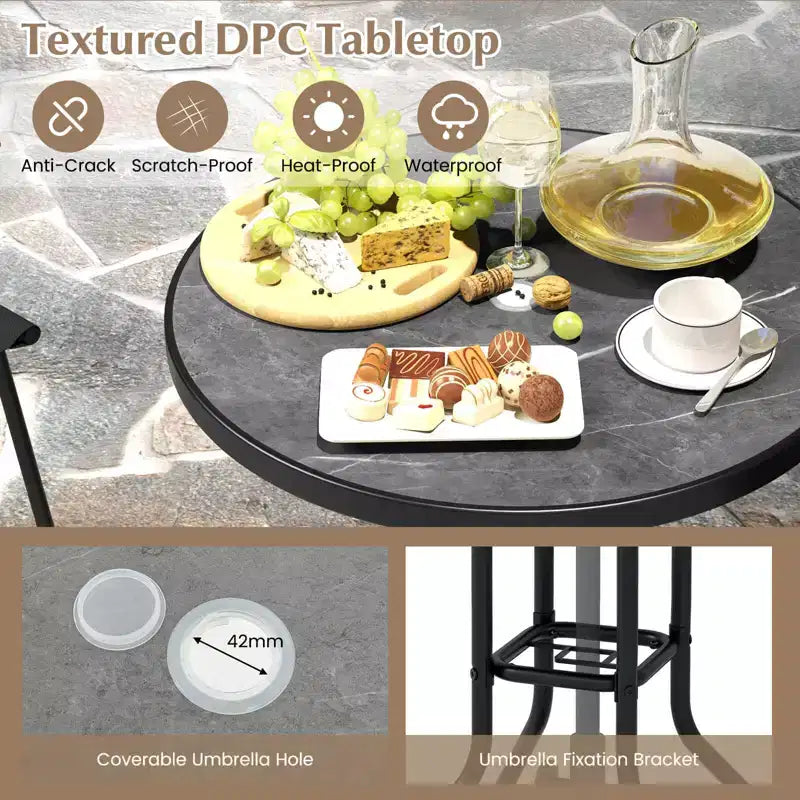 Ensemble de 3 tabourets de bar d'extérieur Costway avec plateau de table DPC, trou pour parasol et repose-pieds, 2 chaises