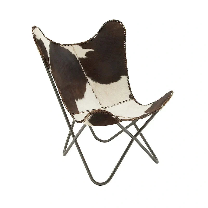 Fauteuil papillon fait main en cuir blanc, gris, marron, marron clair ou beige marron avec support noir