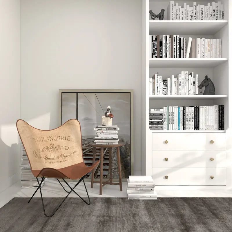 Fauteuil papillon fait main en cuir blanc, gris, marron, marron clair ou beige marron avec support noir
