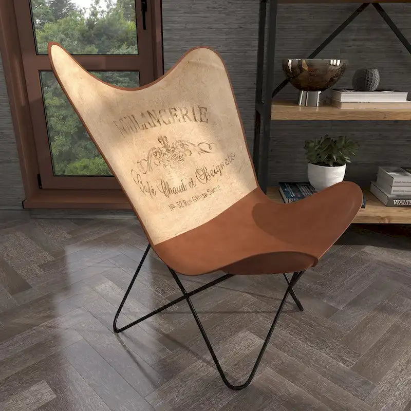 Fauteuil papillon fait main en cuir blanc, gris, marron, marron clair ou beige marron avec support noir