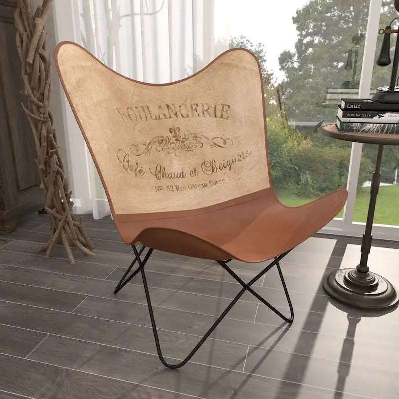 Fauteuil papillon fait main en cuir blanc, gris, marron, marron clair ou beige marron avec support noir