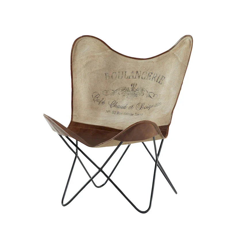 Fauteuil papillon fait main en cuir blanc, gris, marron, marron clair ou beige marron avec support noir