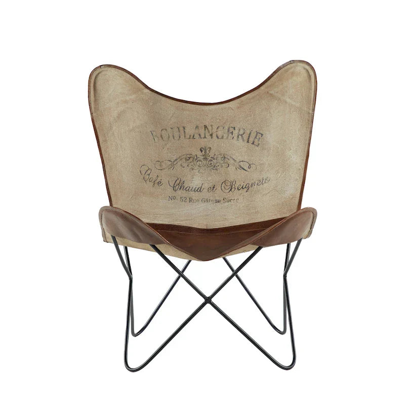Fauteuil Papillon Fait Main en Cuir Blanc, Gris, Marron, Marron Clair ou Marron Beige avec Support Noir
