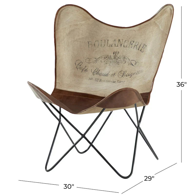 Fauteuil papillon fait main en cuir blanc, gris, marron, marron clair ou beige marron avec support noir