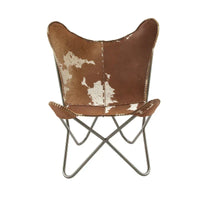 Fauteuil papillon fait main en cuir blanc, gris, marron, marron clair ou beige marron avec support noir