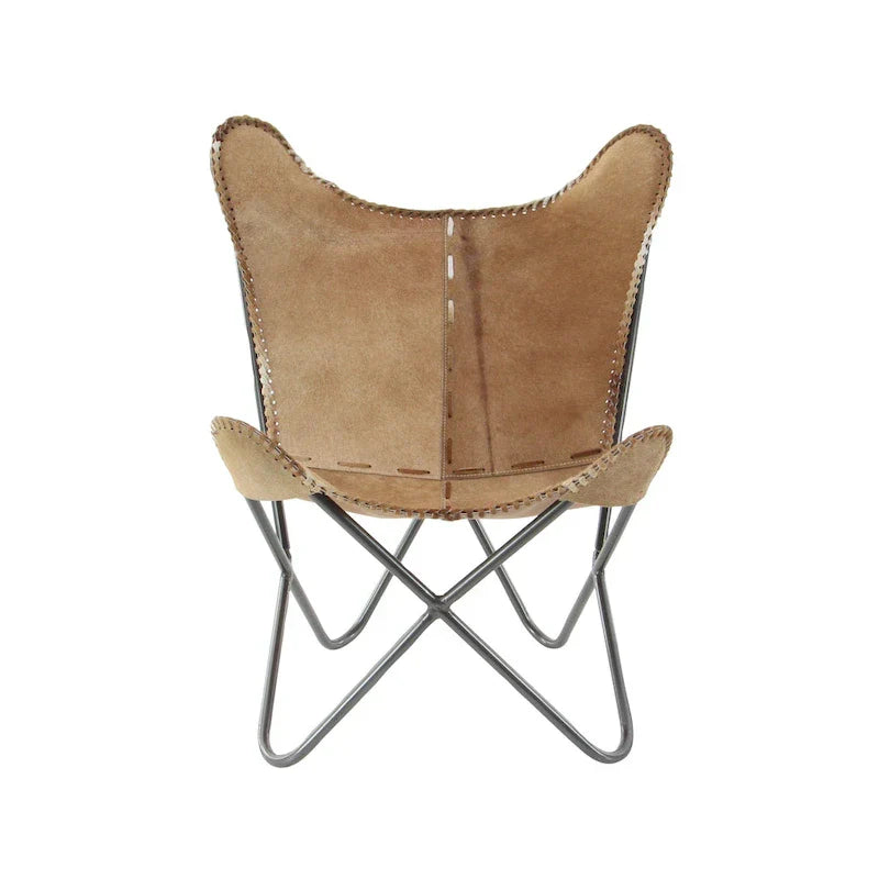 Fauteuil Papillon Fait Main en Cuir Blanc, Gris, Marron, Marron Clair ou Marron Beige avec Support Noir