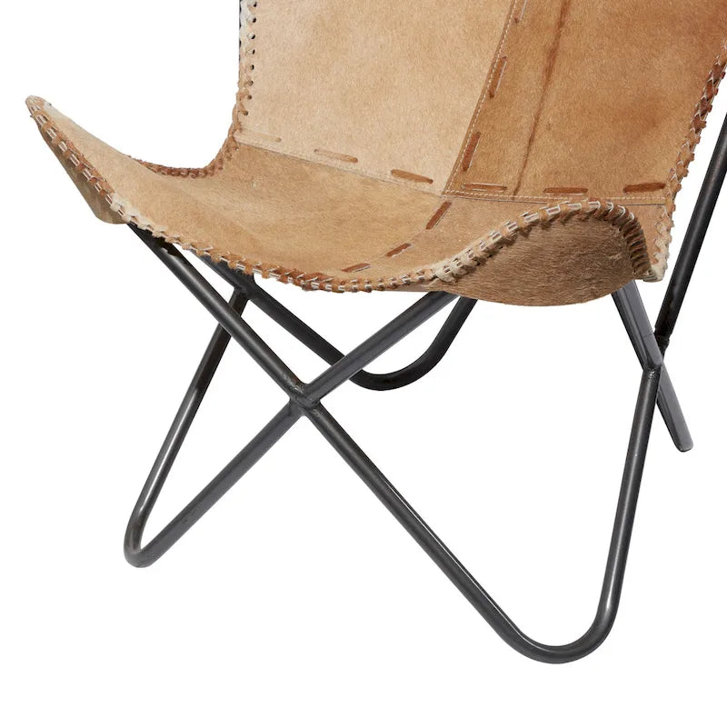 Fauteuil papillon fait main en cuir blanc, gris, marron, marron clair ou beige marron avec support noir
