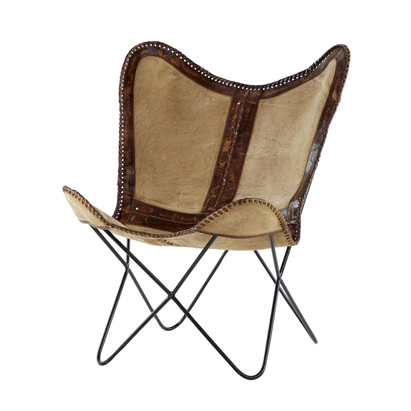 Fauteuil Papillon Fait Main en Cuir Blanc, Gris, Marron, Marron Clair ou Marron Beige avec Support Noir