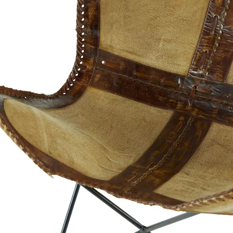 Fauteuil papillon fait main en cuir blanc, gris, marron, marron clair ou beige marron avec support noir