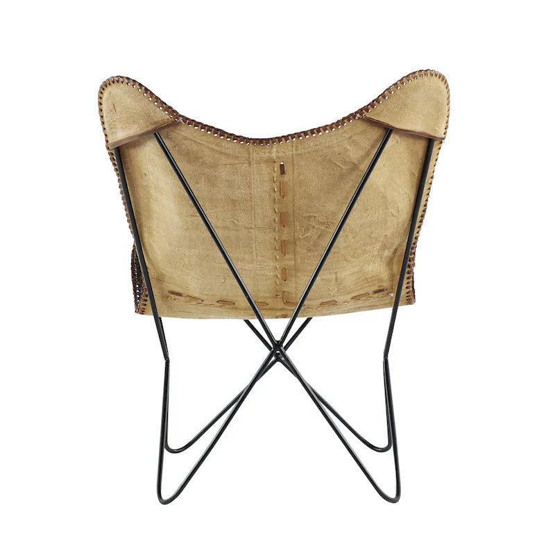 Fauteuil papillon fait main en cuir blanc, gris, marron, marron clair ou beige marron avec support noir