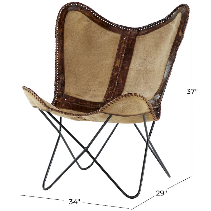 Fauteuil papillon fait main en cuir blanc, gris, marron, marron clair ou beige marron avec support noir