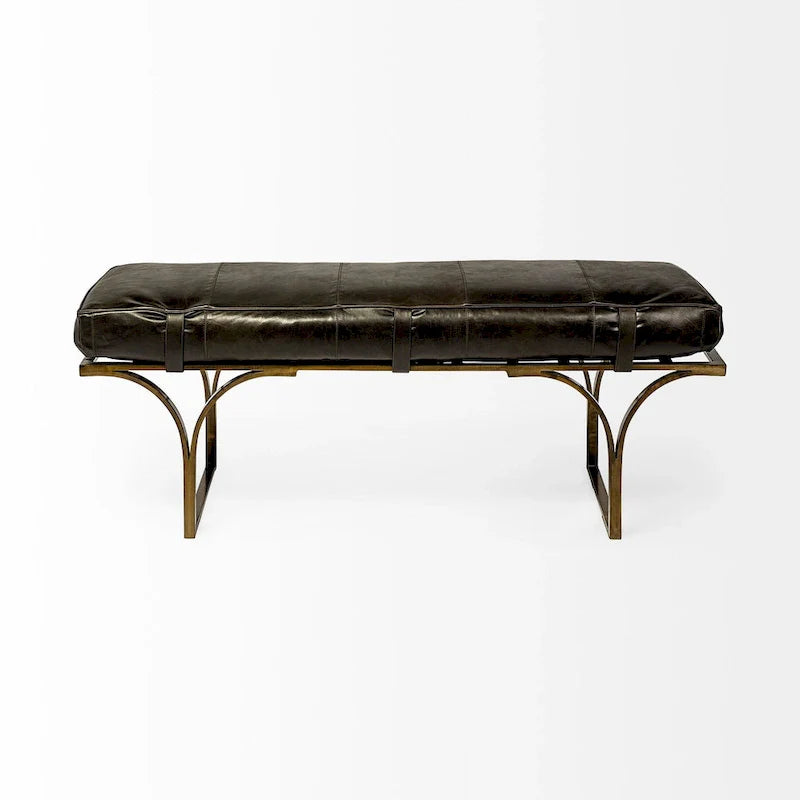 Banc d'appoint Jessie 55L x 16W en cuir marron avec base en métal noir - 55,0L x 16,0W x 19,0H