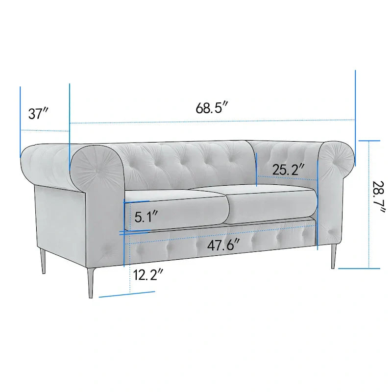 Corvus Prato Causeuse Chesterfield capitonnée en velours avec accoudoirs roulés