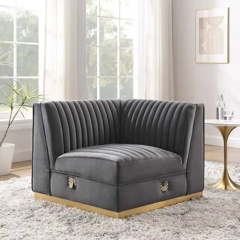 Fauteuil d'angle droit pour canapé sectionnel modulaire en velours performance capitonné à canaux Sanguine