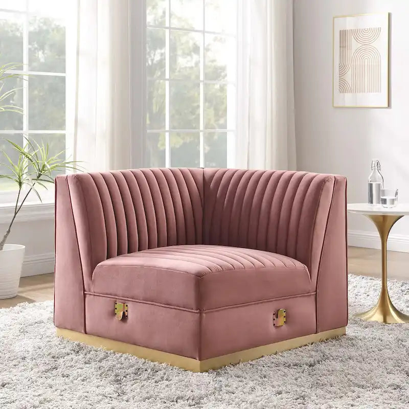 Fauteuil d'angle droit pour canapé sectionnel modulaire en velours performance capitonné à canaux Sanguine