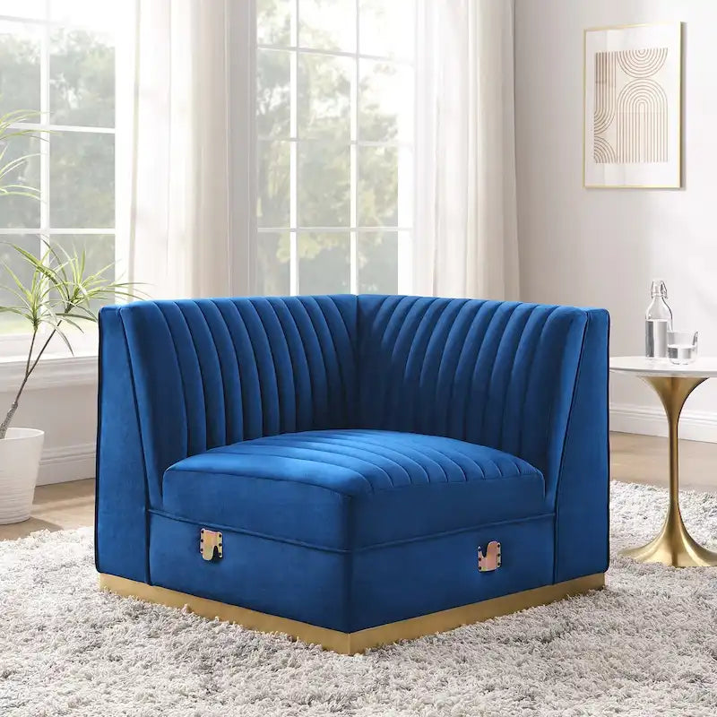 Fauteuil d'angle droit pour canapé sectionnel modulaire en velours performance capitonné à canaux Sanguine