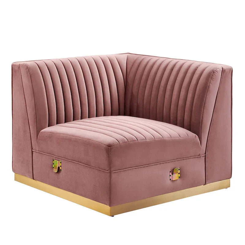 Fauteuil d'angle droit pour canapé sectionnel modulaire en velours performance capitonné à canaux Sanguine