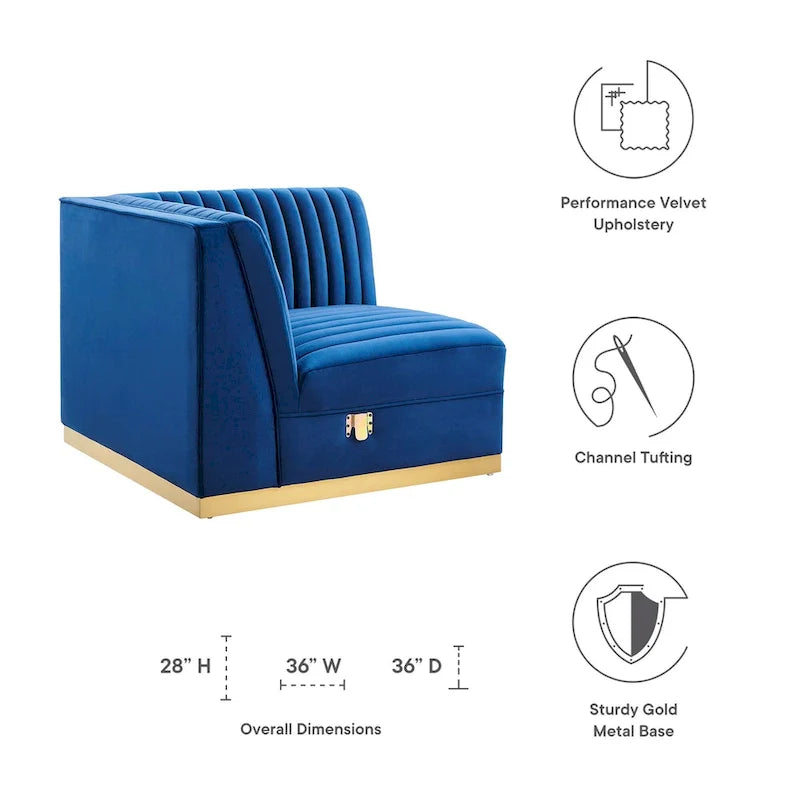 Fauteuil d'angle droit pour canapé sectionnel modulaire en velours performance capitonné à canaux Sanguine