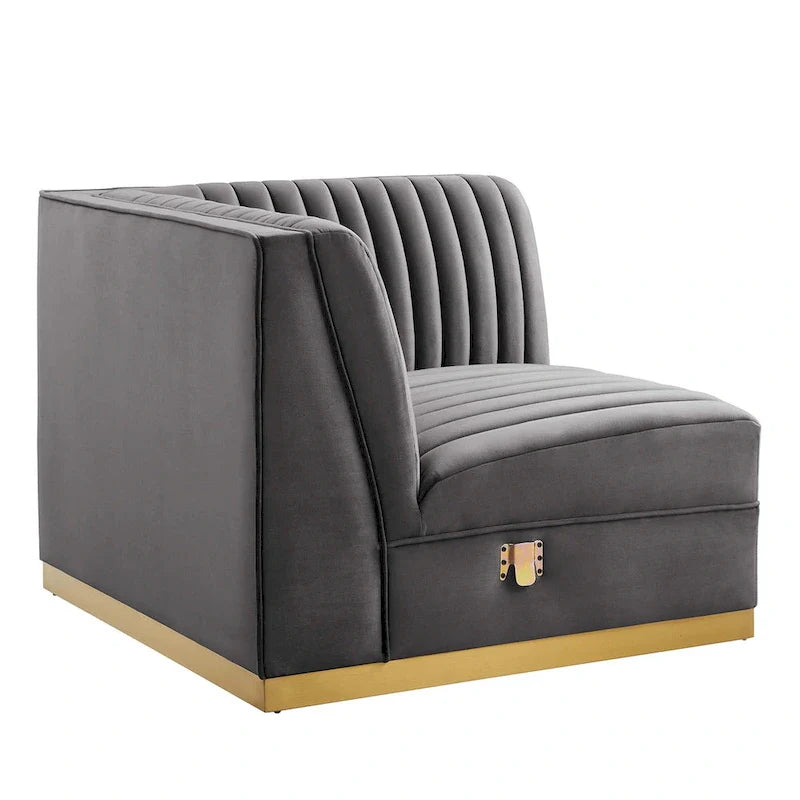 Fauteuil d'angle droit pour canapé sectionnel modulaire en velours performance capitonné à canaux Sanguine