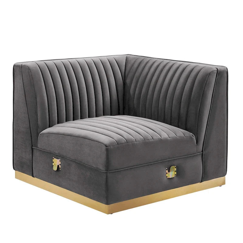 Fauteuil d'angle droit pour canapé sectionnel modulaire en velours performance capitonné à canaux Sanguine