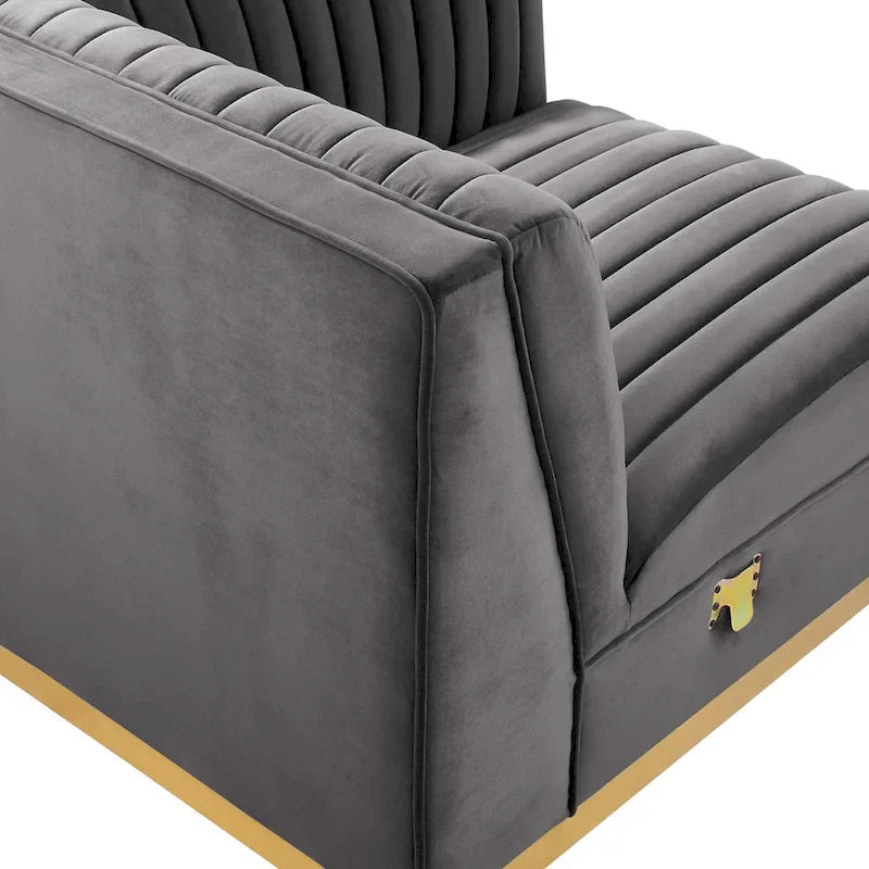 Fauteuil d'angle droit pour canapé sectionnel modulaire en velours performance capitonné à canaux Sanguine