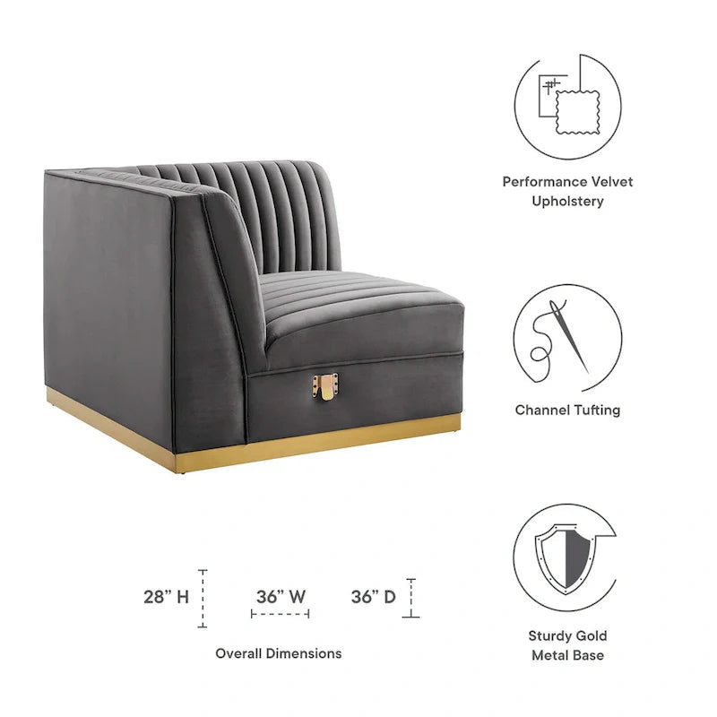 Fauteuil d'angle droit pour canapé sectionnel modulaire en velours performance capitonné à canaux Sanguine