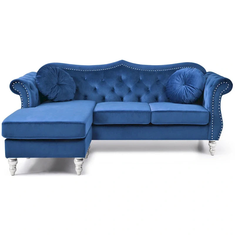 Canapé d'angle chesterfield en velours Hollywood de 81 po avec 2 coussins décoratifs – 81L x 35W x 34H
