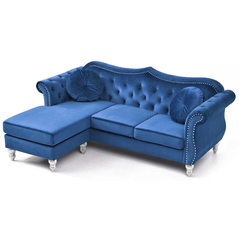 Canapé d'angle chesterfield en velours Hollywood de 81 po avec 2 coussins décoratifs – 81L x 35W x 34H