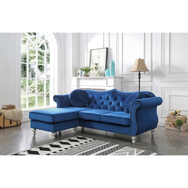 Canapé d'angle chesterfield en velours Hollywood de 81 po avec 2 coussins décoratifs – 81L x 35W x 34H