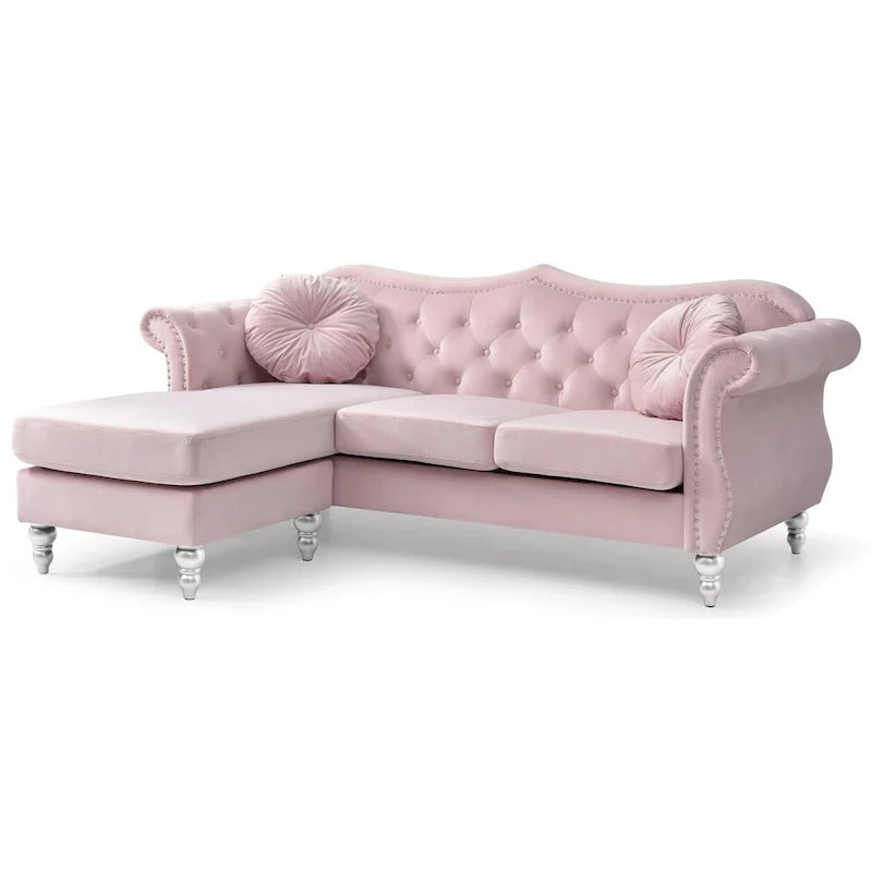 Canapé d'angle chesterfield en velours Hollywood de 81 po avec 2 coussins décoratifs – 81L x 35W x 34H