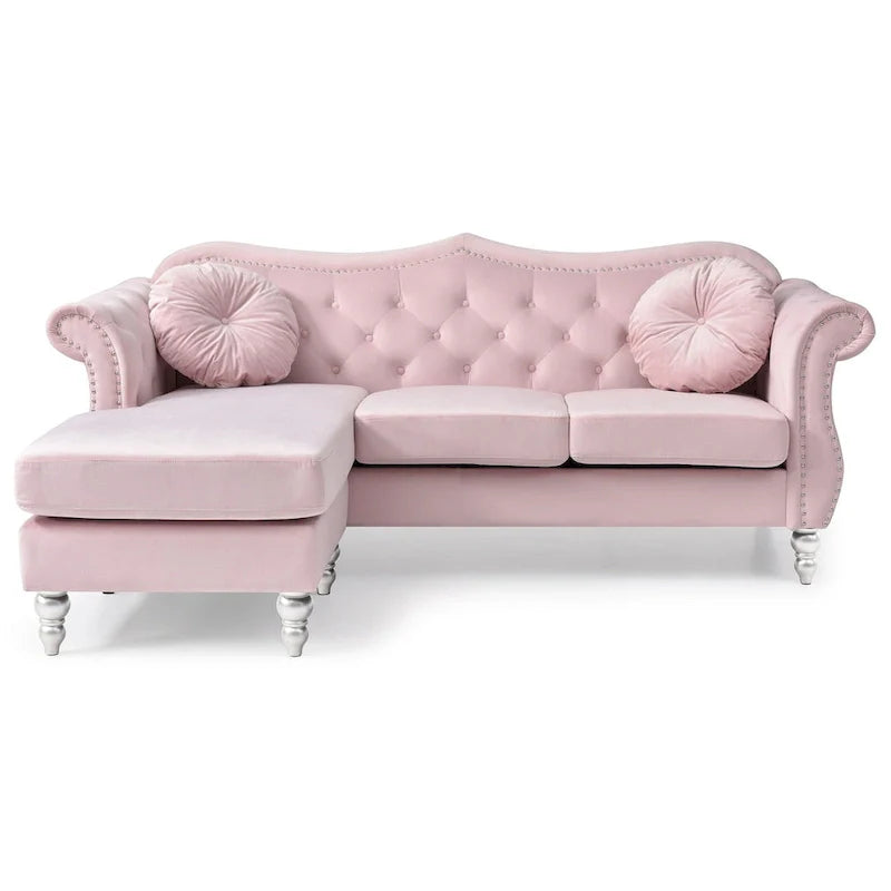 Canapé d'angle chesterfield en velours Hollywood de 81 po avec 2 coussins décoratifs – 81L x 35W x 34H