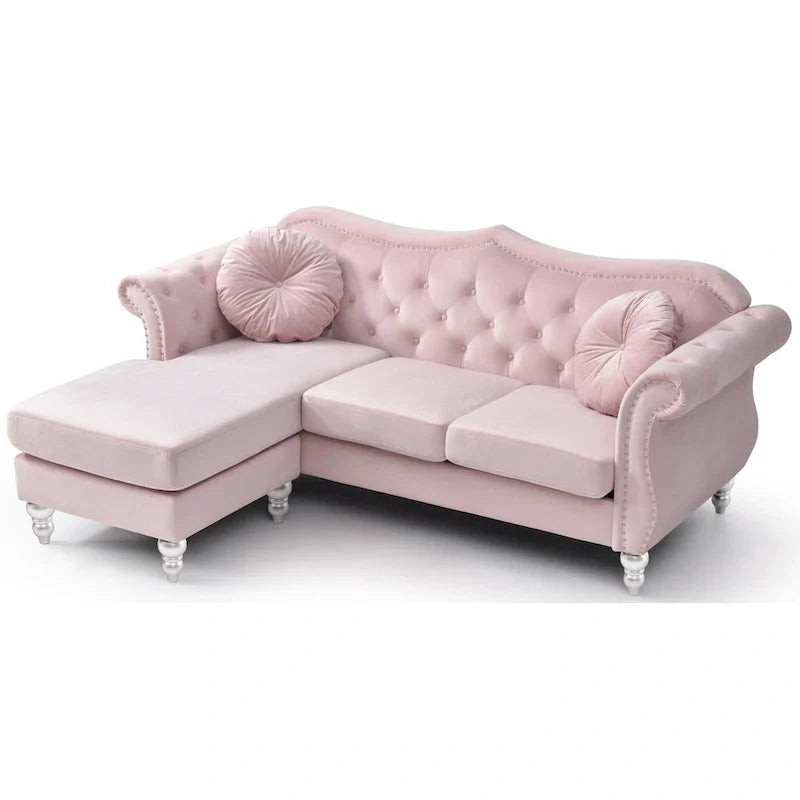 Canapé d'angle chesterfield en velours Hollywood de 81 po avec 2 coussins décoratifs – 81L x 35W x 34H