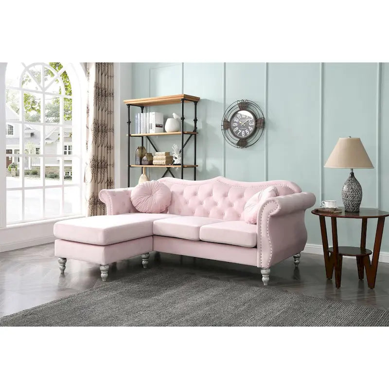 Canapé d'angle chesterfield en velours Hollywood de 81 po avec 2 coussins décoratifs – 81L x 35W x 34H