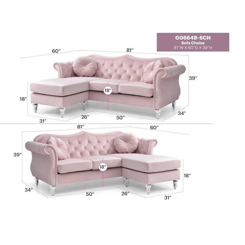 Canapé d'angle chesterfield en velours Hollywood de 81 po avec 2 coussins décoratifs – 81L x 35W x 34H