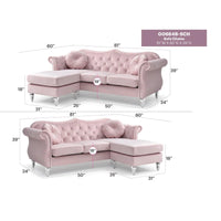 Canapé d'angle chesterfield en velours Hollywood de 81 po avec 2 coussins décoratifs – 81L x 35W x 34H