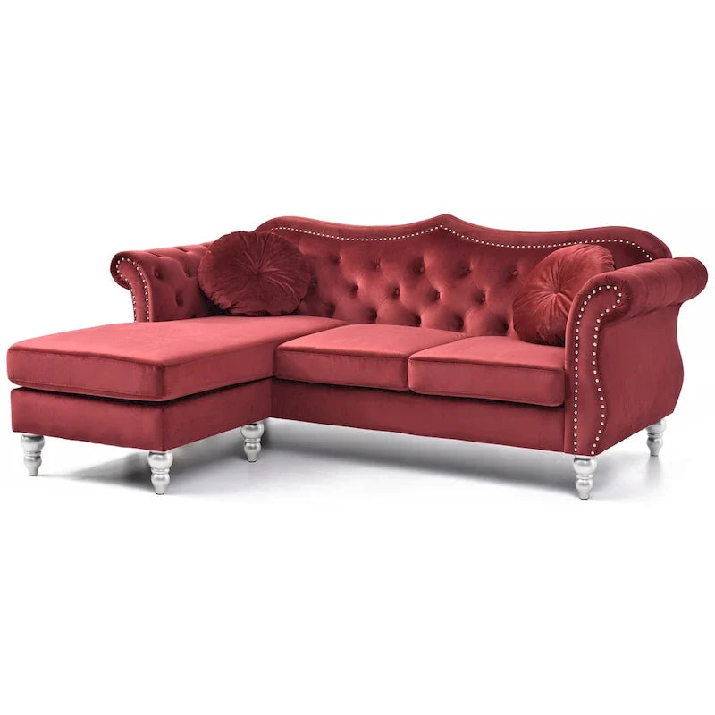 Canapé d'angle chesterfield en velours Hollywood de 81 po avec 2 coussins décoratifs – 81L x 35W x 34H