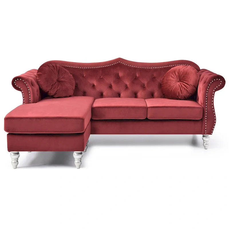 Canapé d'angle chesterfield en velours Hollywood de 81 po avec 2 coussins décoratifs – 81L x 35W x 34H