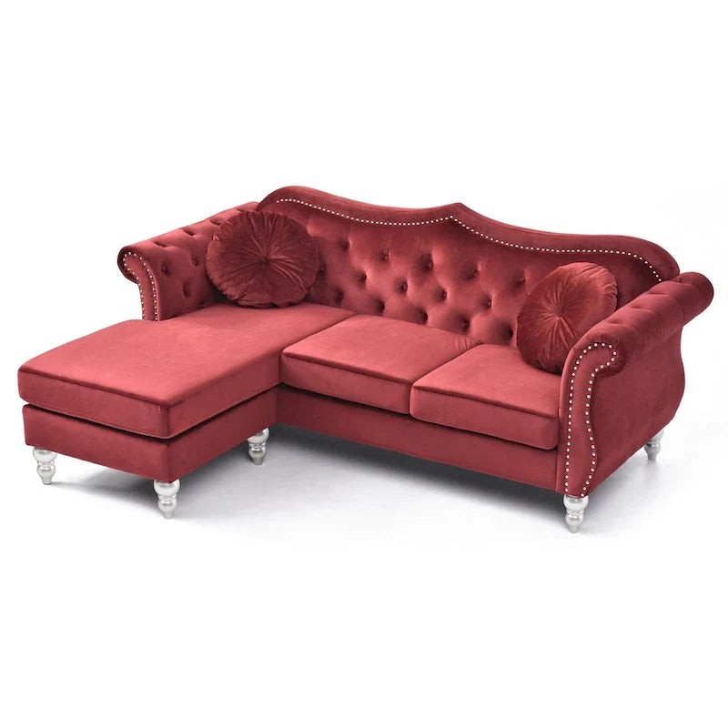 Canapé d'angle chesterfield en velours Hollywood de 81 po avec 2 coussins décoratifs – 81L x 35W x 34H