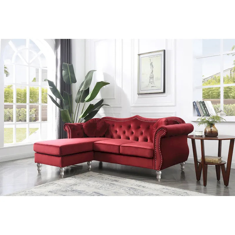 Canapé d'angle chesterfield en velours Hollywood de 81 po avec 2 coussins décoratifs – 81L x 35W x 34H