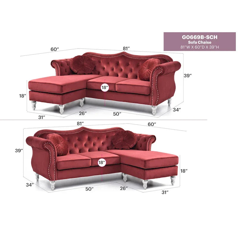 Canapé d'angle chesterfield en velours Hollywood de 81 po avec 2 coussins décoratifs – 81L x 35W x 34H
