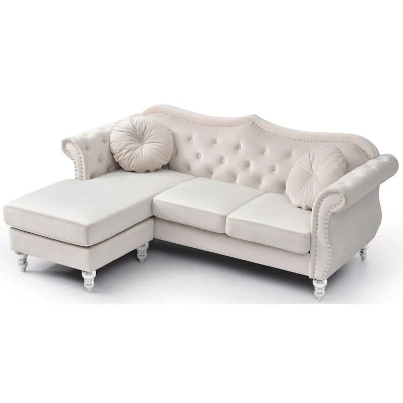 Canapé d'angle chesterfield en velours Hollywood de 81 po avec 2 coussins décoratifs – 81L x 35W x 34H