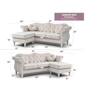 Canapé d'angle chesterfield en velours Hollywood de 81 po avec 2 coussins décoratifs – 81L x 35W x 34H