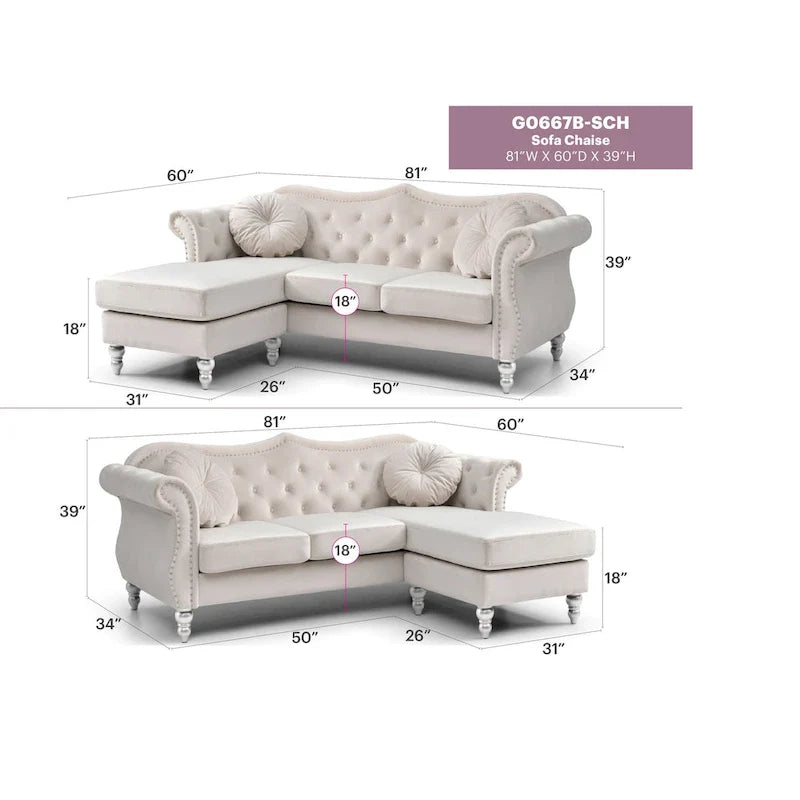 Canapé d'angle chesterfield en velours Hollywood de 81 po avec 2 coussins décoratifs – 81L x 35W x 34H