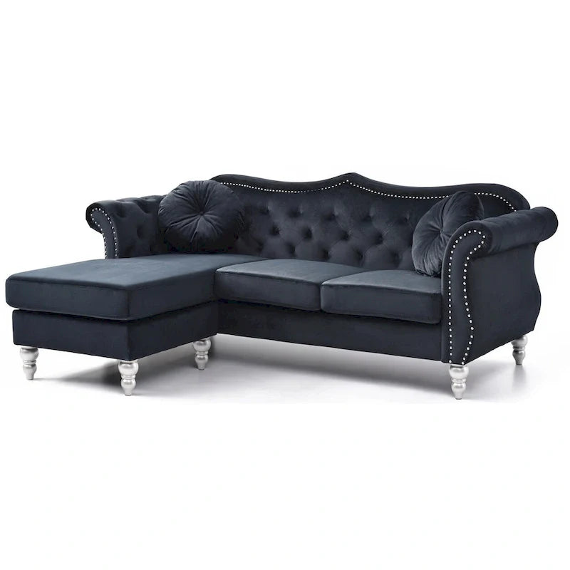 Canapé d'angle chesterfield en velours Hollywood de 81 po avec 2 coussins décoratifs – 81L x 35W x 34H